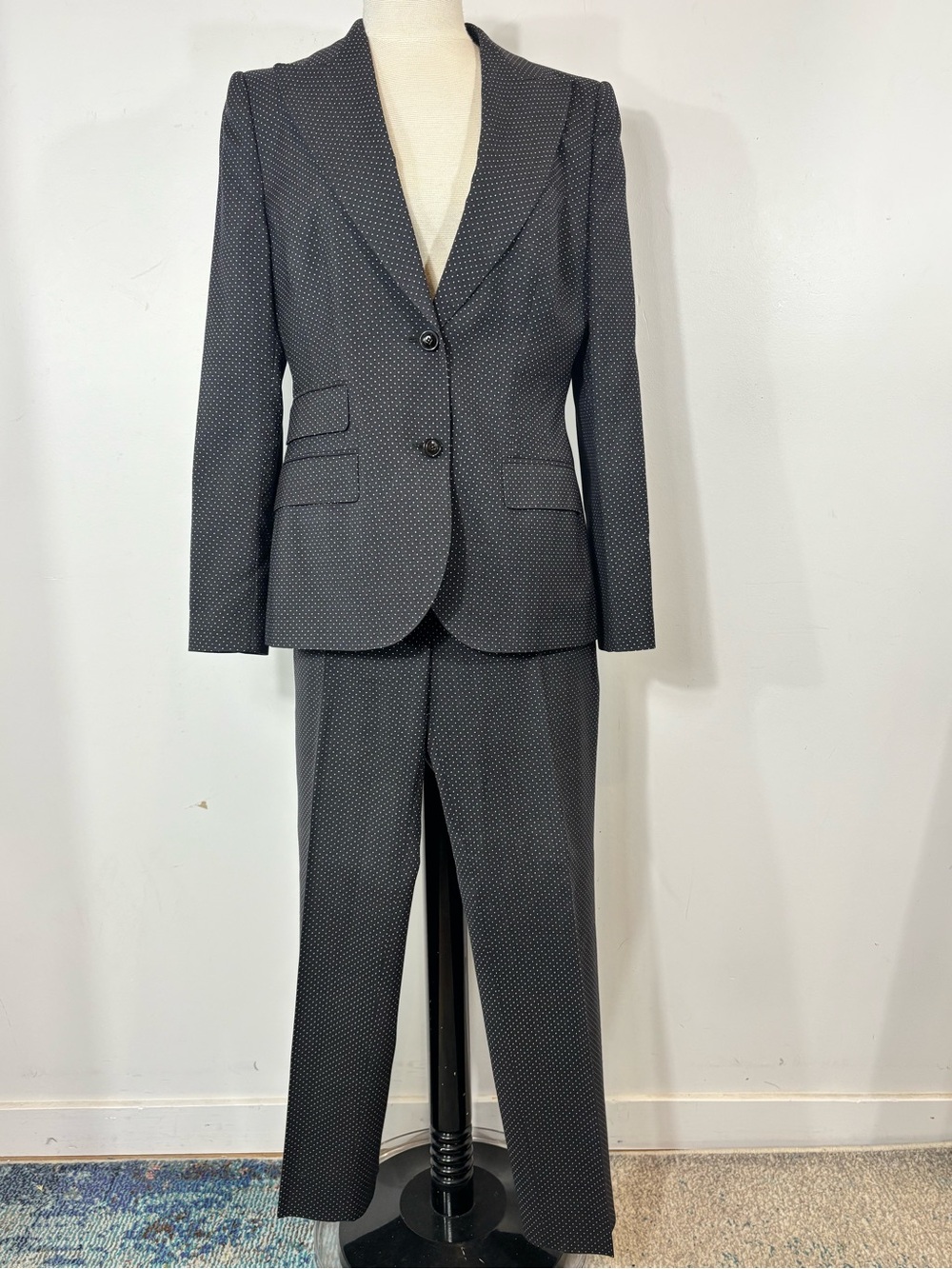 Dolce & Gabbana 100% Virgin Wool Polka Dot Pant Suit Set Charcoal IT 46 / US 10